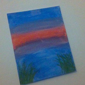 River and sunset painting